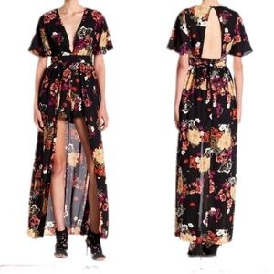 Socialite Black Floral Plunge Neckline Maxi Romper